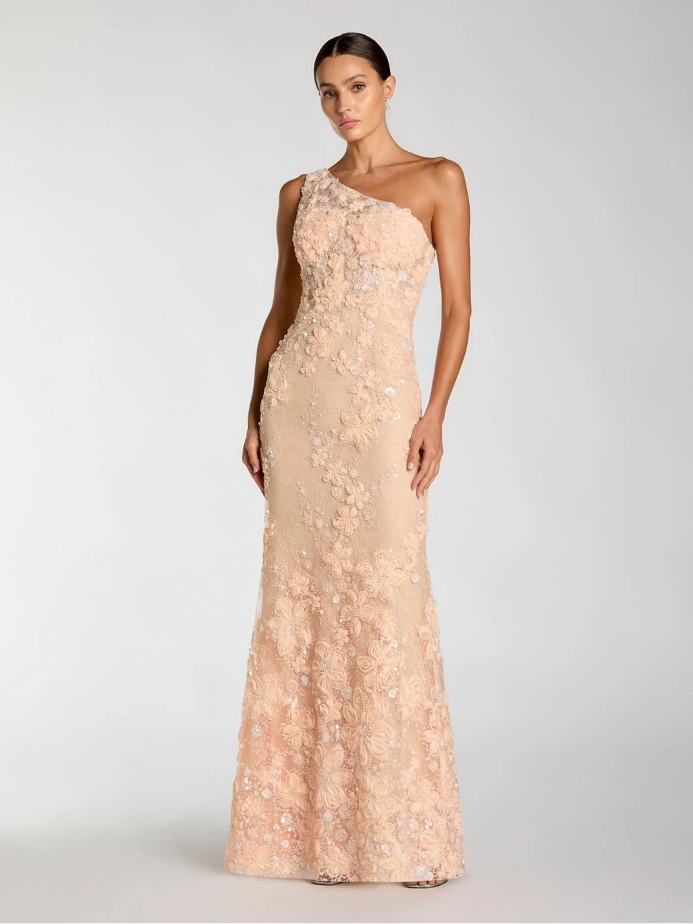 Mac Duggal 69052 Peach One Shoulder Floral Applique Sequin Gown Size 14 NWT